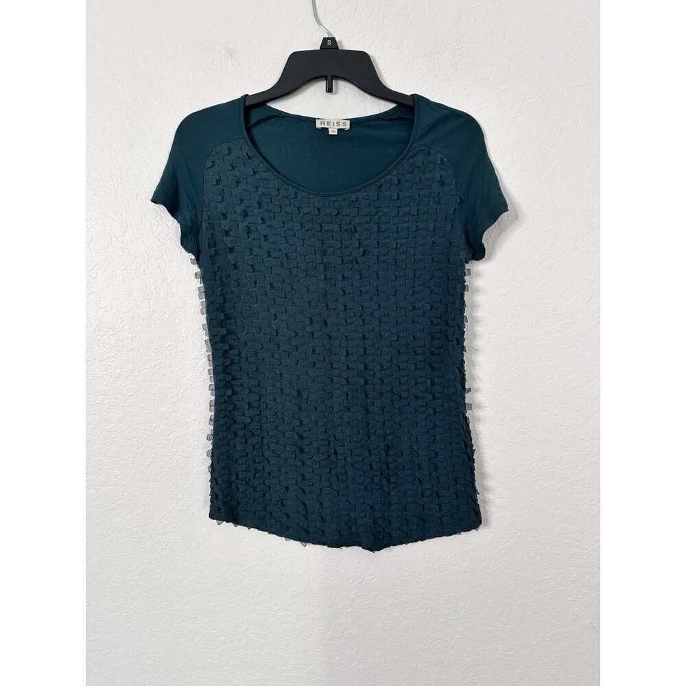 REISS Women's Stretch Lace Hunter Green Top Size XS Cap Sleeve Round Neck